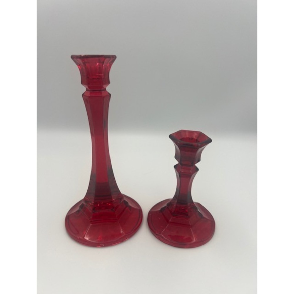 Indiana Glass Candlestick Holders Ruby Red Flash/Stain Tapers, Set of 2
